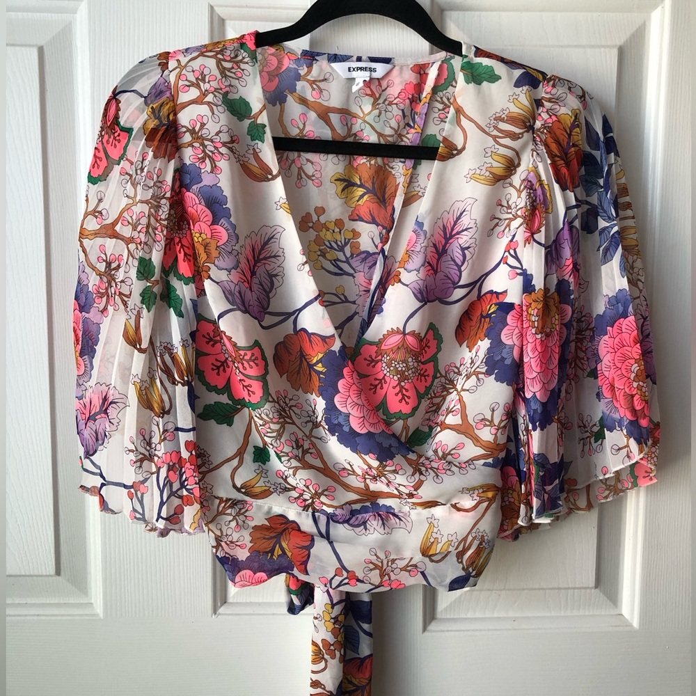 Express Vibrant Floral Wrap Blouse - Pink and Purple